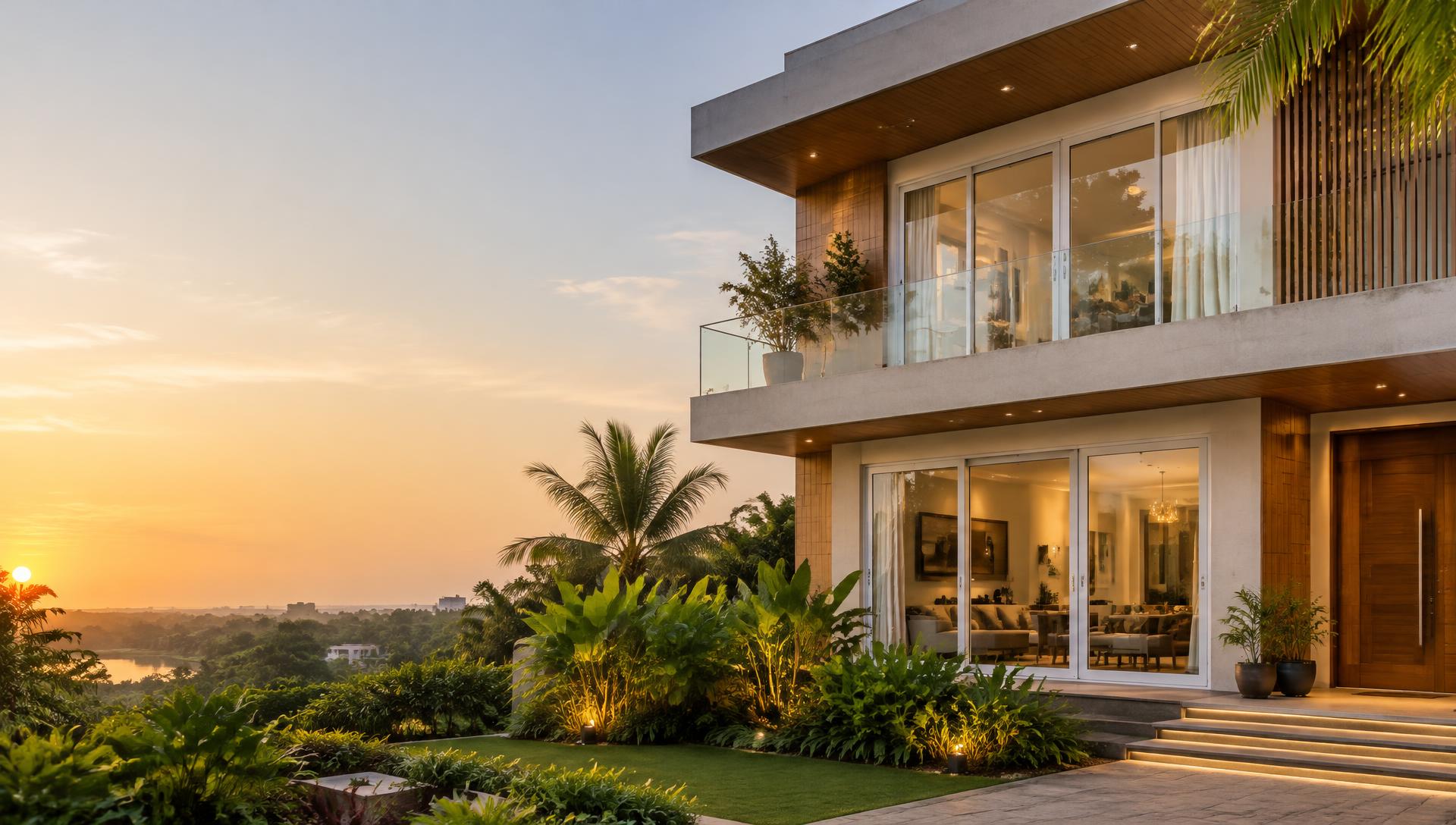 Modern home with large white sliding windows and glass doors